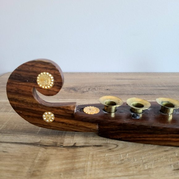 Vintage wooden and brass gondola boat Viking ship shape candleholder. - Picture 2 of 10